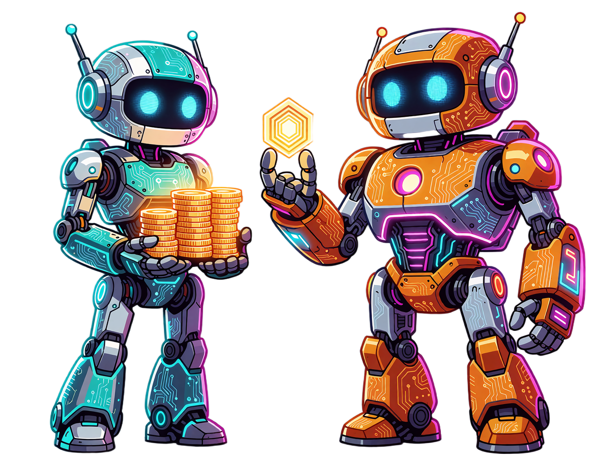 Dwa roboty Casoola - srebrny ze stosem monet i pomarańczowy z unoszącym się żetonem crypto